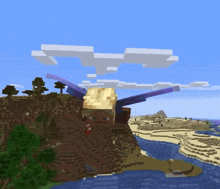 a minecraft character is flying over a cliff with purple wings