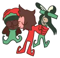 a cartoon drawing of a man kissing another man 's cheek