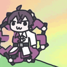 a cartoon drawing of a person with a purple shirt
