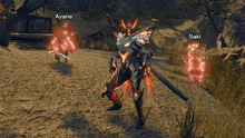 a video game character named ayane and saki are standing in the dirt