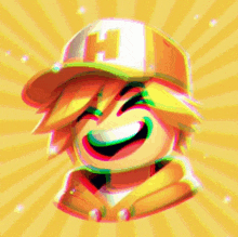 a cartoon character wearing an orange hat with the letter h on it