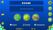 a screenshot of a game called boane shows the options for short jumper and unverified