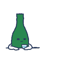 a cartoon drawing of a green bottle with a face holding a glass