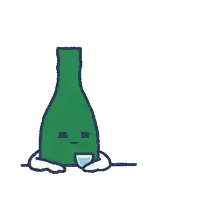 a cartoon drawing of a green bottle with a face holding a glass