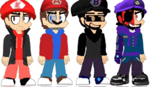 a group of cartoon characters standing next to each other with one wearing a hat with the letter b on it