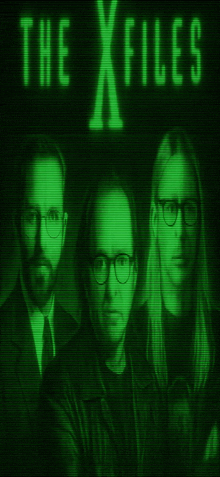 three men are standing next to each other with the words the x files behind them