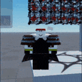 a roblox character named rig is standing in front of a wall with red flowers