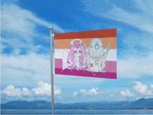 a flag with a picture of two angels on it is flying in the wind