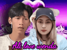 a man and a woman are standing next to each other with the words all love wenda on the bottom