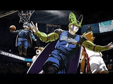a basketball player dressed as a cell from dragon ball z is playing basketball on a court .