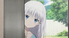 a girl with white hair and blue eyes is peeking out of a doorway