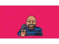 a bald man with a beard is holding a gun
