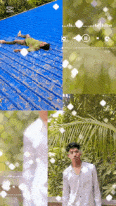 a man laying on a blue roof next to a man standing in front of a palm tree