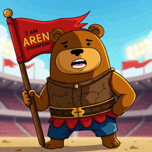 a cartoon of a bear holding a flag that says i am aren champion