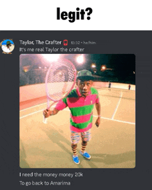 a picture of taylor the crafter holding a tennis racquet on a court