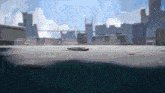 a pixelated image of a city with buildings and a skateboard on the ground