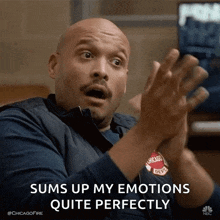 a man in a chicago fire department uniform is clapping his hands and saying sums up my emotions quite perfectly