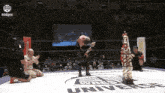 a wrestler is kneeling down in front of a trophy in a wrestling ring in front of a crowd .