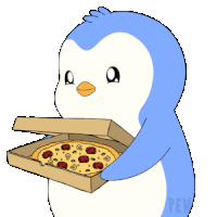 a blue and white penguin is holding a box of pepperoni pizza