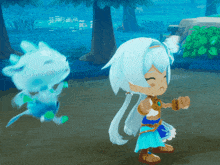 a cartoon character with white hair is standing next to a cat