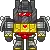 a pixel art drawing of a robot with red eyes and a yellow belt .