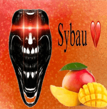 a picture of a screaming face next to a mango with sybau written on it