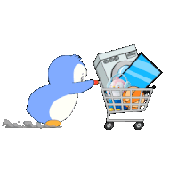 a penguin pushing a shopping cart with a washing machine and a television in it
