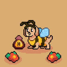 a pixel art drawing of a dog dressed in a bee costume