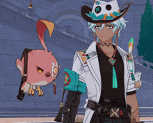 a man in a cowboy hat is standing next to a small bird
