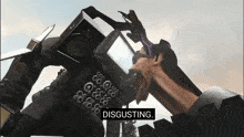 a cartoon of a man holding a cell phone with the words disgusting written below it