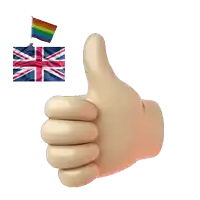 a hand giving a thumbs up with a rainbow flag and a british flag behind it