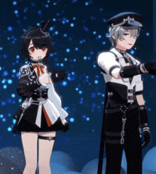 a man and a girl are standing next to each other in a dark room