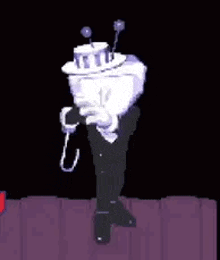 a cartoon character in a tuxedo is holding a cane and pointing at something .