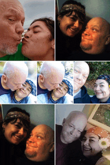 a collage of photos of a man kissing a woman