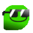 a pixel art of a green smiley face wearing sunglasses on a white background .