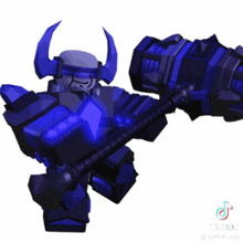 a blue robot with horns is holding a large hammer and says tiktok on the bottom