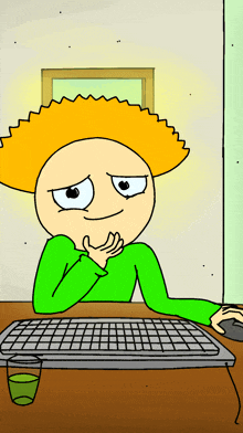 a cartoon of a person sitting at a desk with a keyboard