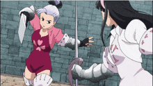 a girl in a pink top with hearts on it is fighting another girl with a sword