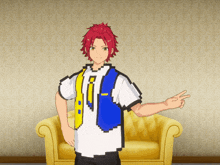 a man with red hair is wearing a white shirt and a blue vest with the letter a on it