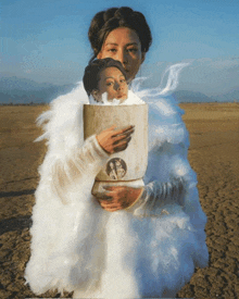 a woman in a white fur coat is holding a book with a picture on it