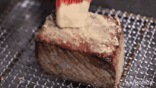 a piece of meat is being brushed with butter and the words made in animatica can be seen behind it