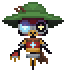 a pixel art drawing of a robot wearing a green hat and holding a sword .