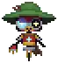 a pixel art drawing of a robot wearing a green hat and holding a sword .