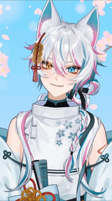 a girl with white hair and blue eyes is wearing a white kimono