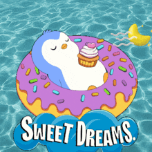 a penguin is floating on a donut in the water with the words sweet dreams