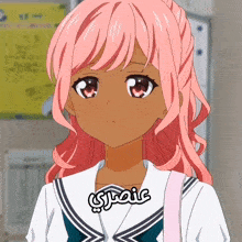 a girl with pink hair has a sticker on her neck that says ' sjoie '