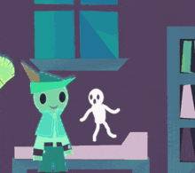 a cartoon character is standing next to a ghost with a speech bubble above him