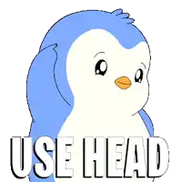 a blue and white penguin with the words use head written below it