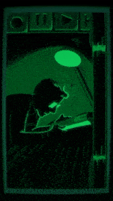a glow in the dark drawing of a man typing on a keyboard