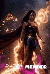 a woman in a wonder woman costume is standing in front of a fire and says r-zo2 member